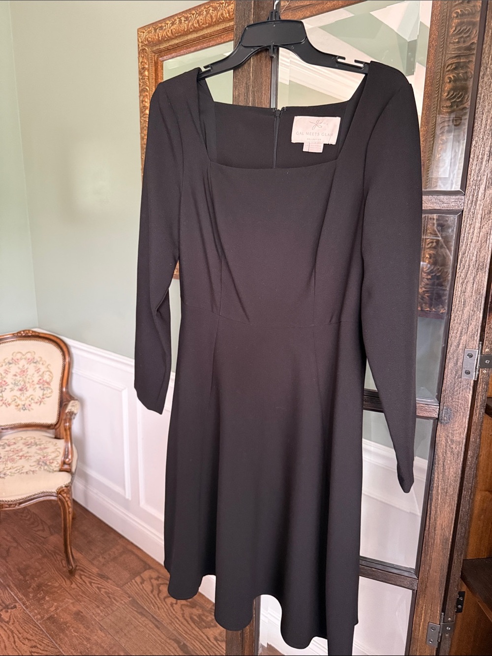 Gal Meets Glam Black Square-Neck Long Sleeve A-Line Dress Size 10